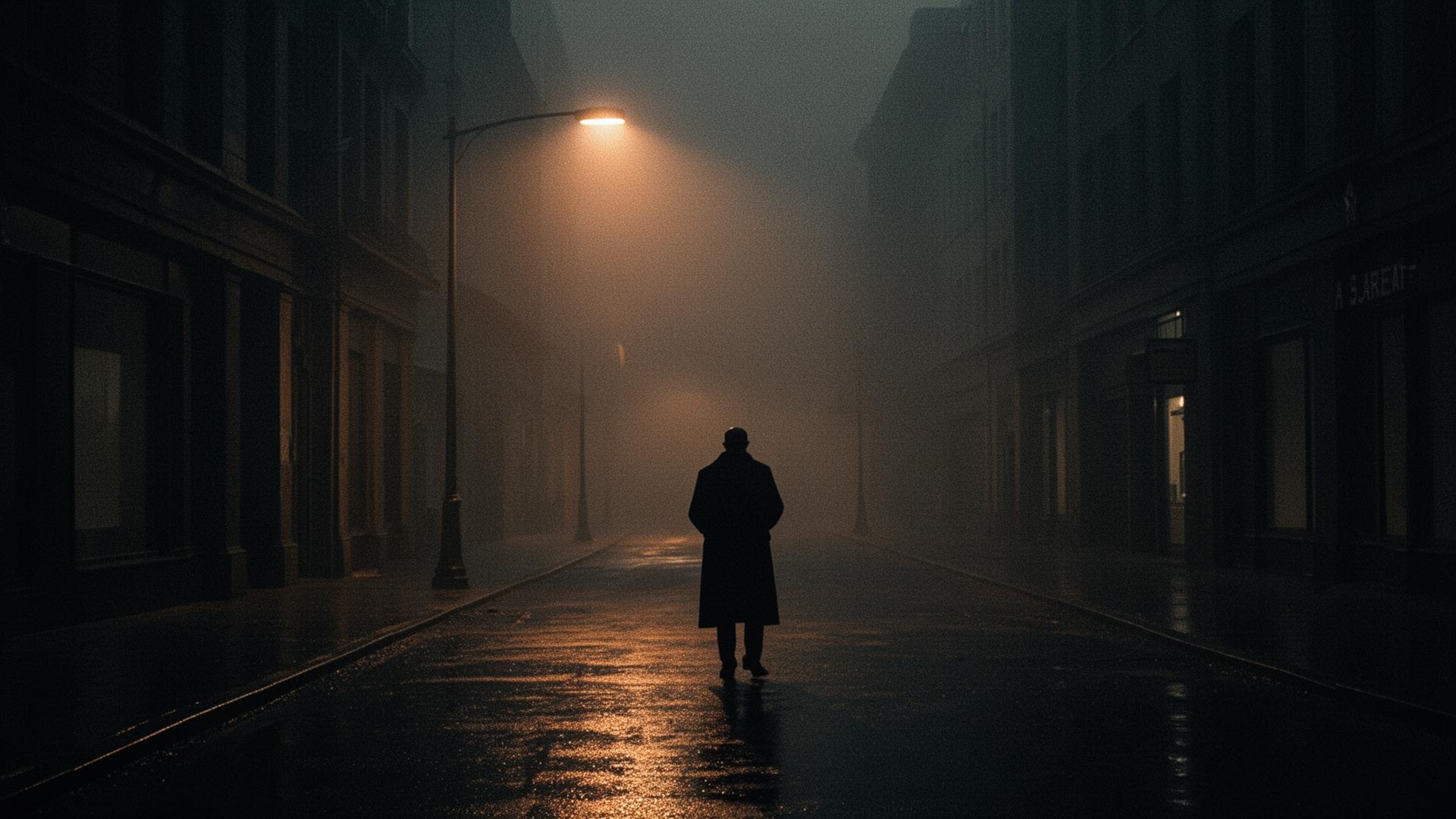 A figure in a long coat walking down a fog-soaked street at night